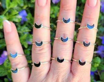 DAINTY SILVER Black Tourmaline Crest Moon Ring