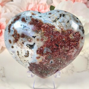 GORGEOUS White, Red, & Green Orbs Ocean Jasper Heart Crystal - Healing Chakra Stone