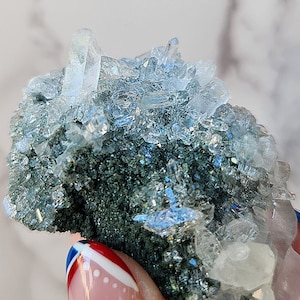 RARE SPARKLY Icy Himalayan Crystal Quartz Cluster w/Green Chlorite & Black Anatase Sparkles F
