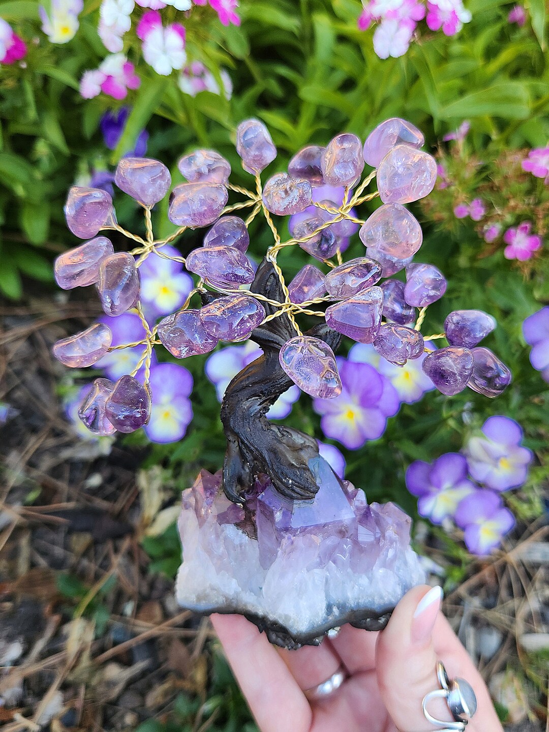 Rainbow Crystal Heart Bonsai Tree with Amethyst Cluster Base