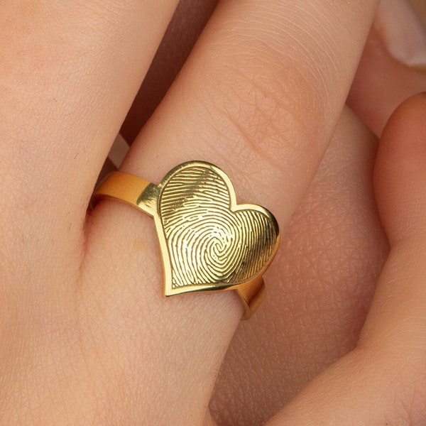 Fingerprint Heart Ring Personalized Finger Print Custom Heart Ring Gift for mom 14K Gold Plated 925 Sterling Silver Gift for her Birthday