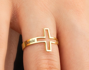 Personalized Cross Ring: 14K Gold Plated Sterling Silver Memorial Jewelry Christmas Gift