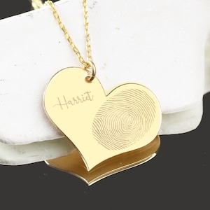 Finger Print Heart Necklace Personalized Name Necklace Memorial Birthday Gift Anniversary Necklace 14K Gold 925 Sterling Silver Jewelry