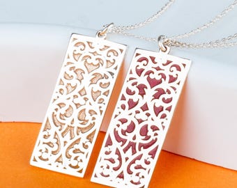 Filigree Rectangle Pendant Necklace: Sterling Silver Arabesque Design