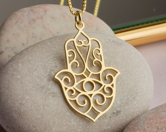 Hamsa Necklace Hand of Fatima Necklace Spiritual Yoga Necklace Protective Talisman Mother Day Gift for her Silver Hamsa Pendant 14K Gold