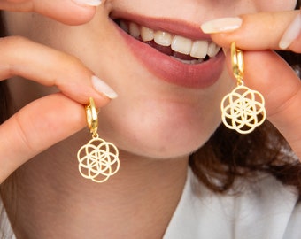 Silver Flower of Life Earrings Spiritual Yoga Symbol Handmade Christmas Gift Dangling Earring Silver Jewelry Gift for her Mother Day Gift
