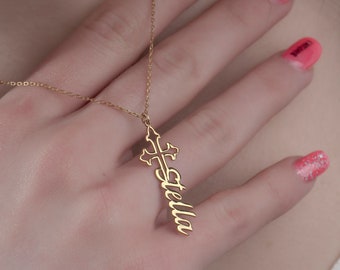 Personalized Cross Name Necklace: 14K Gold Plated Sterling Silver Christmas Gift