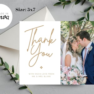 Modelo de cartão postal digital para download de cartões de agradecimento de casamento 5x7 - Nota de agradecimento com foto e mensagem personalizada para convidados, facilitada