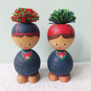 Cutest chubby vintage wooden Finland Samer boys, Jämtland Slöjd, Sweden.