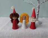 Set of three little wooden elves with chenille hair. Sweden.
