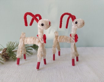 Two vintage chenille stem and pipe cleaner goats. Japan.