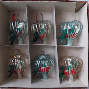 Scatola da 6 gabbie decorative natalizie in lamina di latta con uccelli, Giappone anni '50.