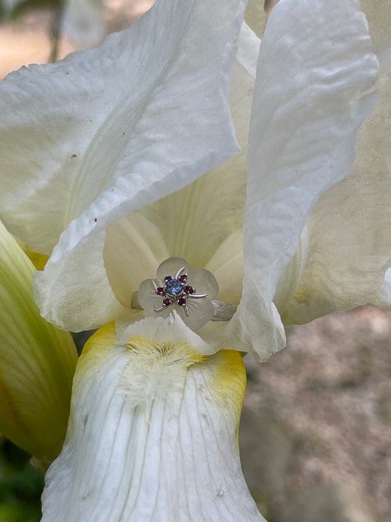 Tanzinite, Ruby, and Camphur Glass Flower Ring - image 3