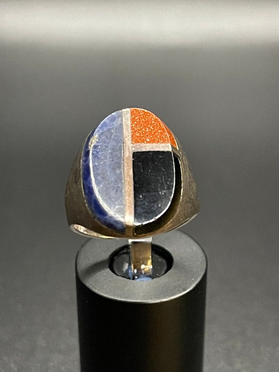 Inlay Onyx, Lapis, Goldstone Sterling Silver Ring - image 5