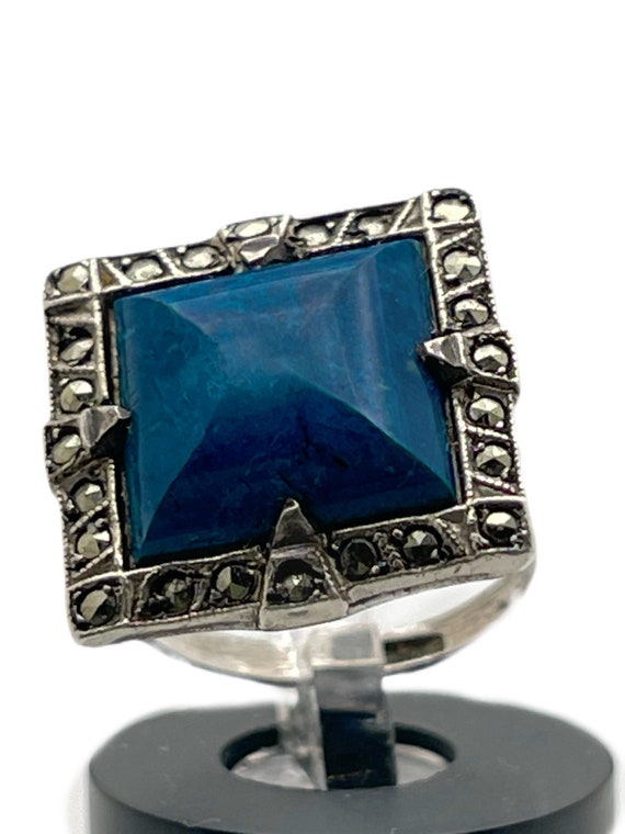 Art Deco Lapis Marcasite Sterling Silver Ring