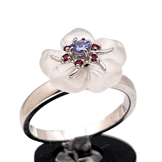 Tanzinite, Ruby, and Camphur Glass Flower Ring - image 1