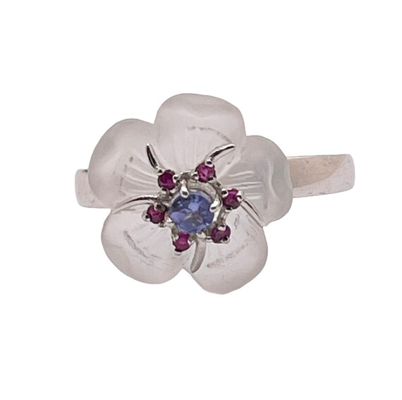 Tanzinite, Ruby, and Camphur Glass Flower Ring - image 2