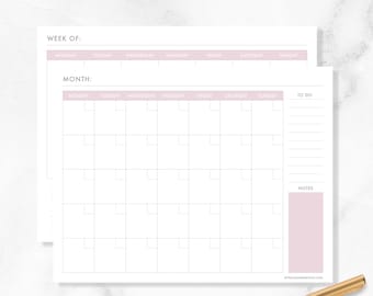 Monthly & Weekly Calendar Planner | Digital Printable, PDF Template | Undated, Minimalist Design in Soft Pink