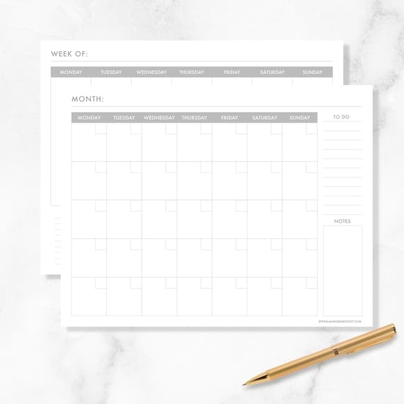 Monthly & Weekly Calendar Planner Digital Printable PDF - Etsy