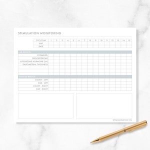 Peut inclure: Un tableau de suivi de la stimulation imprimable avec une grille pour suivre le jour du cycle, la date, l'estradiol, la progestérone, l'hormone lutéinisante, l'épaisseur de l'endomètre, le nombre de follicules et leur taille. Le tableau est divisé en deux sections : résultats de laboratoire et résultats folliculaires.