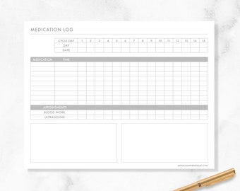 Medication & Appointments Log | Stimulation Monitoring | IVF / IUI / TTC | Digital Printable | Undated, Minimalist Design in Light Gray