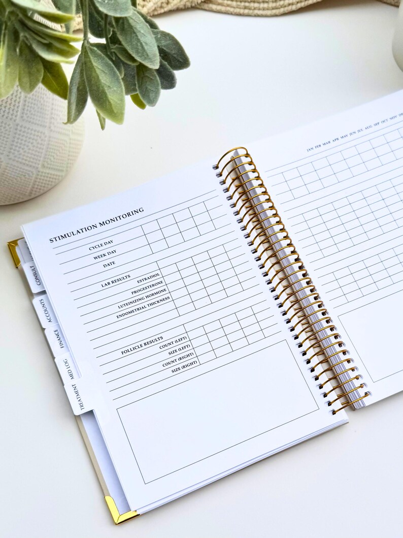May include: Open planner with gold spiral binding and tabs labeled "Consult", "Accounts", "Finance", "Med Log", and "Treatment". The open pages display a "Stimulation Monitoring" chart with sections for cycle day, lab results, and follicle results.