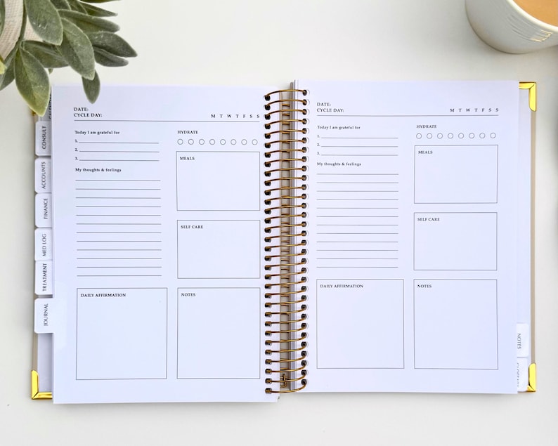 May include: Open spiral-bound planner with gold accents. The pages are white with black text and include sections for daily affirmations, notes, and tracking hydration and meals. The planner is open to a double-page spread.