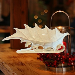 Victorian Holly Leaf Ceramic Sleigh Dish, Christmas Decor, Vintage Holiday Dish