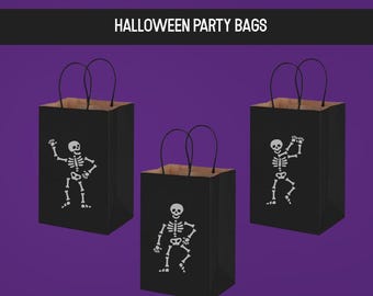 Bolsas de regalo con asas para fiesta de Halloween, bolsas de papel kraft negro, bolsas de regalo con esqueleto bailando, decoración de Halloween grabada con láser