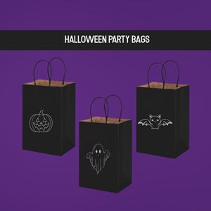 Halloween Party Favor Bags – Black Kraft Bags with Handles | Ghost, Pumpkin & Bat Designs | Trick or Treat Goodie Bags
