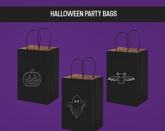 Halloween Party Geschenkbeutel - Schwarze Kraftbeutel mit Griffen | Geist, Kürbis & Fledermaus Designs | Süßes oder Saures Goodie Bags