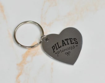 Pilates Princess Keychain – Engraved Stainless Steel Heart Keychain for Pilates Lovers, Cute Fitness Gift for Her, Pilates Instructor Gift