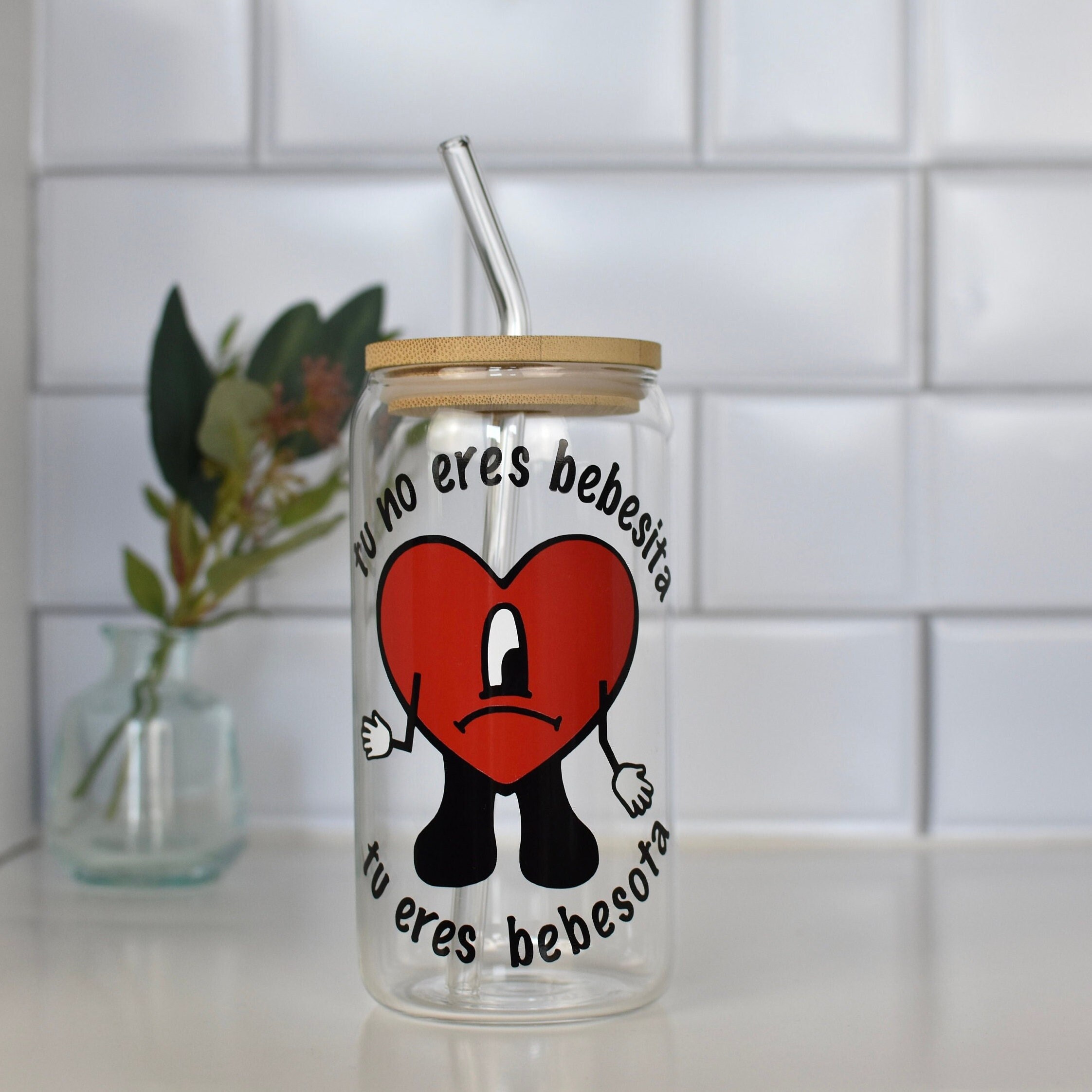 Bad Bunny Heart Clear Cup with Bamboo Lid and Glass Clear Straw