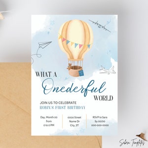 Onederful Birthday Invitation, Baby&#39;s First Birthday Invitation, Wonderful World Party Theme, What a Onederful World, V5 Blue/Balloon
