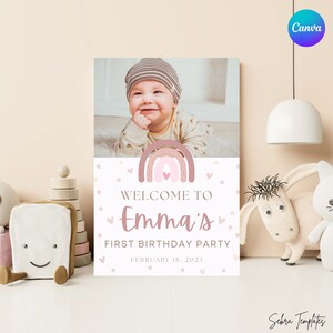 Boho Rainbow Birthday Sign, First Birthday Welcome Poster, Boho First Birthday, Rainbow First Birthday Party, V3