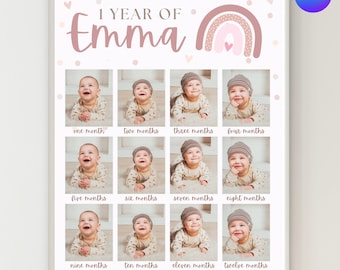Boho Rainbow 1st Birthday Poster, Baby&#39;s First Year, Boho First Birthday, Baby Photo Display, 12 Month Photos, First Year Collage, V3