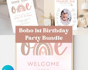 Boho 1st Birthday Bundle, Boho Rainbow Invite, 1st Birthday Poster, Milestone Poster, Boho Rainbow First Birthday, V2