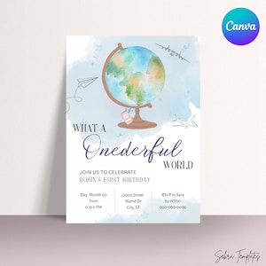 Onederful Birthday Invitation, Baby&#39;s First Birthday Invitation, Wonderful World Party Theme, What a Onederful World, V4 Blue/Globe