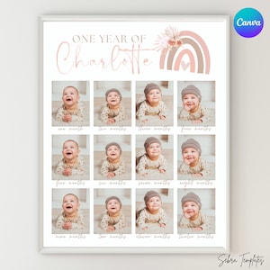Boho Regenbogen 1. Geburtstagsposter, Babys erstes Jahr, Boho erster Geburtstag, Baby-Fotoanzeige, 12-Monats-Fotos, Collage für das erste Jahr, V1