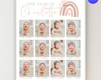 Boho Rainbow 1st Birthday Poster, Baby&#39;s First Year, Boho First Birthday, Baby Photo Display, 12 Month Photos, First Year Collage, V1