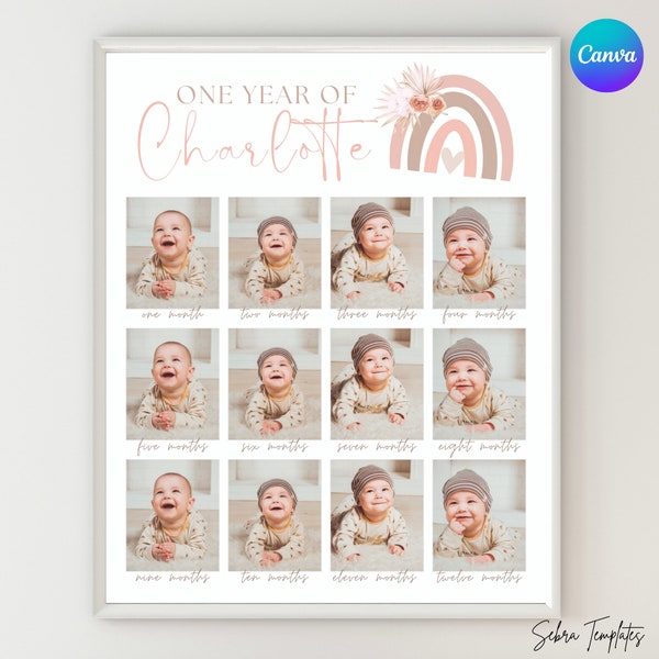 Boho Rainbow 1st Birthday Poster, Baby's First Year, Boho First Birthday, Baby Photo Display, 12 Month Photos, First Year Collage, V1