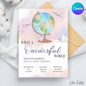 Onederful Birthday Invitation, Baby&#39;s First Birthday Invitation, Wonderful World Party Theme, What a Onederful World, V1 Pink/Globe