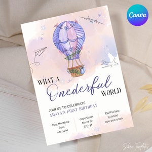 Onederful Birthday Invitation, Baby&#39;s First Birthday Invitation, Wonderful World Party Theme, What a Onederful World, V3 Pink/Balloon