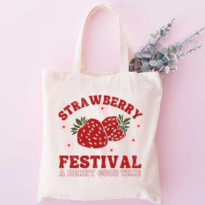 Bolso de mano con diseño de fresa, bolso de mano bonito, bolso de fresa, bolso de mano con diseño de planta, bolso de mercado, bolso de mano de lona, bolso de compras imagen 1