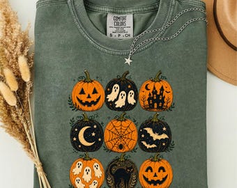 T-shirt à motif citrouille d'Halloween, T-shirt graphique citrouille effrayante et mignonne, T-shirt Comfort Colors, cadeau idéal pour les amoureux de l'automne et d'Halloween