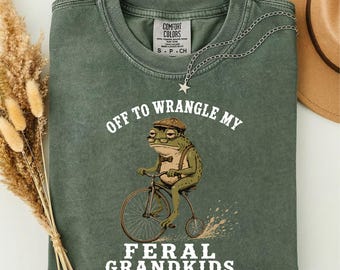 Off to Wrangle My Feral Grandkids Shirt, Funny Grandma Frog Tee, Vintage Frog T-Shirt, Funny Grandparent Gift, Meme Graphic Tee