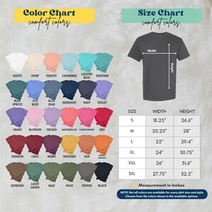 The image is a color chart and size chart for a t-shirt, displaying various color options and corresponding measurements for different shirt sizes.