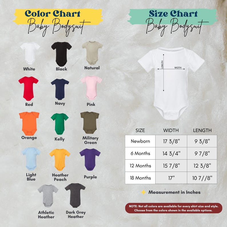 The image is a color chart and size chart for baby bodysuits, displaying various color options and corresponding measurements for different age groups.