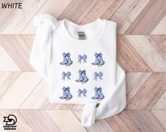 Cowgirl Coquette Boots Sweatshirt, Country Girl Sweater, Western Coquette Hoodie, Toile de Jouy Coquette Shirt, Cowgirl Shirt, Blue Bow Tee