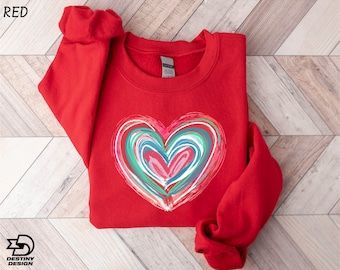 Colorful Heart Sweatshirt, Valentine's Day Shirt, Women's Love Shirt, Pastel Colors Heart Shirt, Cute Heart Sweatshirt, Valentine's Day Gift